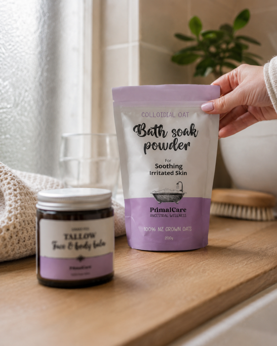 Bath soak pouch with tallow balm on bathroom counter